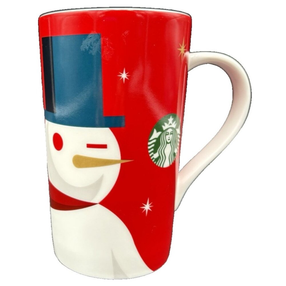 Starbucks 2012 Christmas Coffee Cup Mug Red Winking Holiday Snowman Tall 16oz